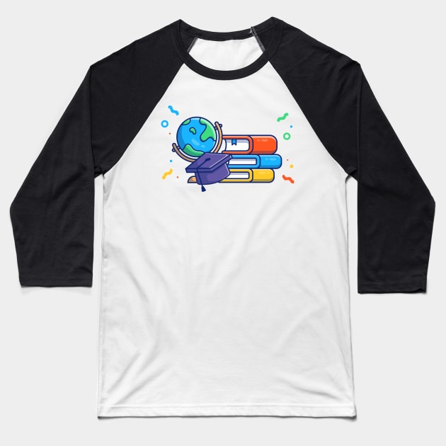 Globe, Graduation Hat And Books Cartoon Baseball T-Shirt by Catalyst Labs